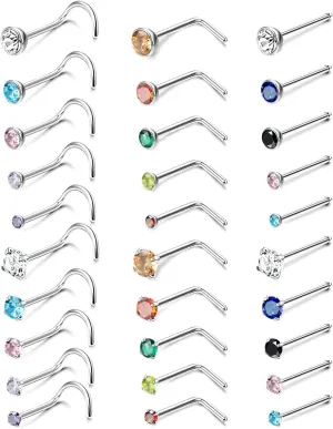 Nose Studs 30PCS Colorful CZ Straight Corkscrew L Shaped Nose Rings For Women Men 20G 316L Surgical Steel Nose Rings Studs Round Cubic Zirconia Nose Piercing Jewelry 1.5/2.0/2.5/3.0/3.5MM