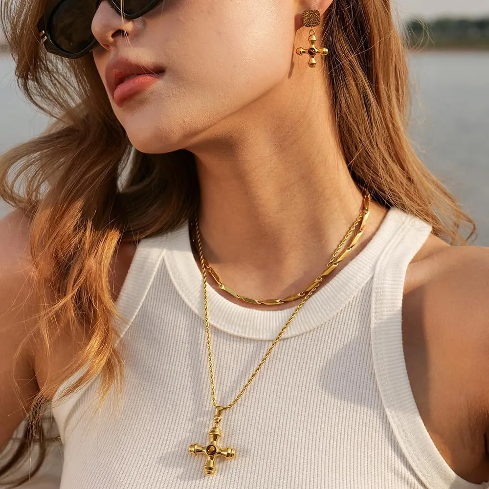 NUZON 2-Tone Interlocking | Sunburst Heart | CZ Evil Eye | Single Pearl | Love Heart Pendant Necklace for Women 18K Gold Chain Necklace Protection Prayer Faith Jewelry