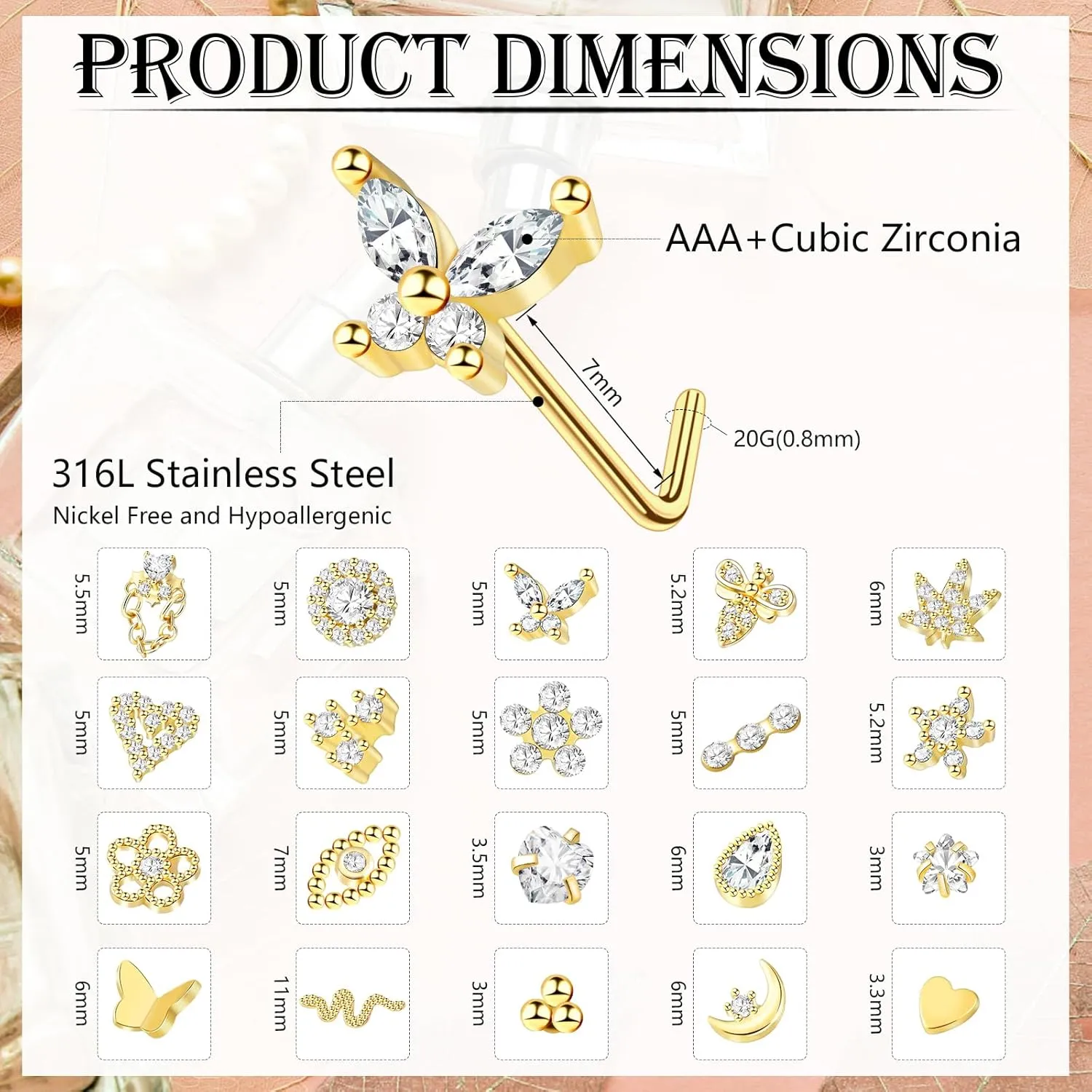 ONESING 20Pcs Nose Studs L Shaped 20G Nose Rings Studs Stainless Steel Stud Nose Rings for women Butterfly Flower Star Moon Heart Nose Piercings Hypoallergenic Body Piercing Jewelry for Women Men