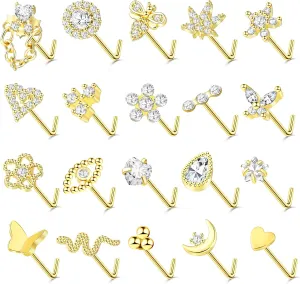 ONESING 20Pcs Nose Studs L Shaped 20G Nose Rings Studs Stainless Steel Stud Nose Rings for women Butterfly Flower Star Moon Heart Nose Piercings Hypoallergenic Body Piercing Jewelry for Women Men