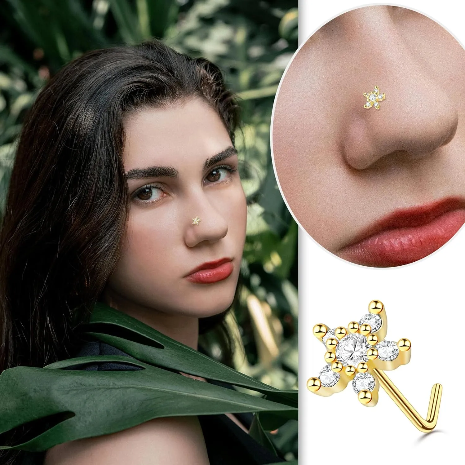 ONESING 20Pcs Nose Studs L Shaped 20G Nose Rings Studs Stainless Steel Stud Nose Rings for women Butterfly Flower Star Moon Heart Nose Piercings Hypoallergenic Body Piercing Jewelry for Women Men