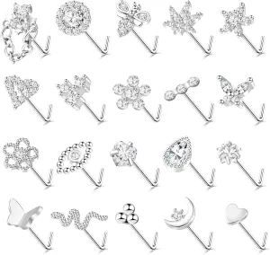 ONESING 20Pcs Nose Studs L Shaped 20G Nose Rings Studs Stainless Steel Stud Nose Rings for women Butterfly Flower Star Moon Heart Nose Piercings Hypoallergenic Body Piercing Jewelry for Women Men