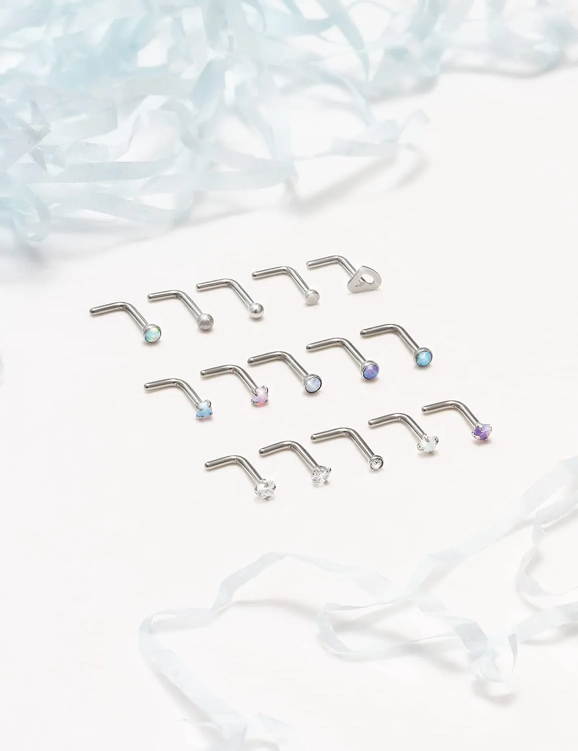Opal Nose Rings Studs 20G 18G Surgical Steel Nose Stud Nose Piercing Jewelry Top CZ 1.5mm 2mm 2.5mm 3mm Straight L Screw Nose Ring Stud Heart Nostril Piercing Jewelry for Women Men