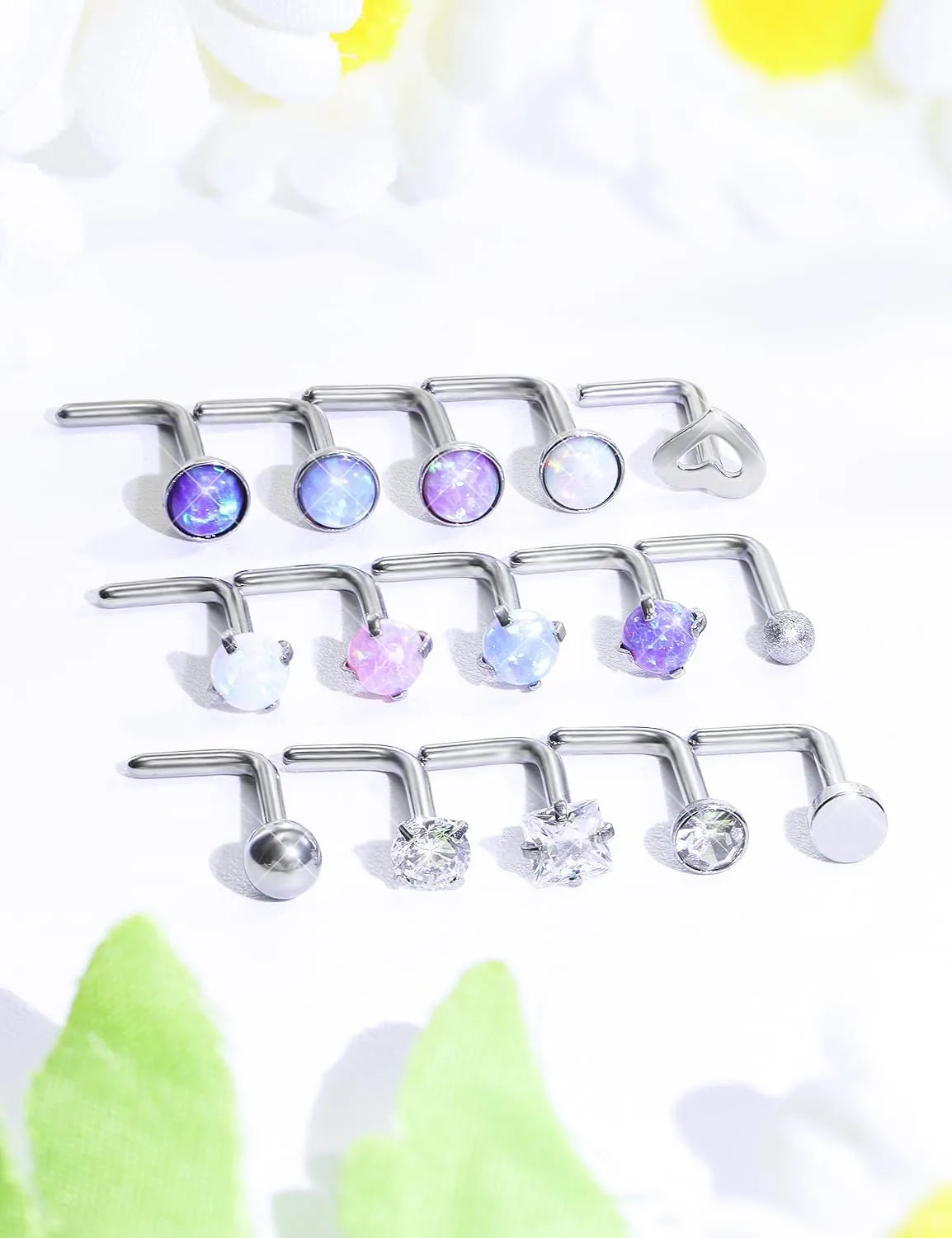 Opal Nose Rings Studs 20G 18G Surgical Steel Nose Stud Nose Piercing Jewelry Top CZ 1.5mm 2mm 2.5mm 3mm Straight L Screw Nose Ring Stud Heart Nostril Piercing Jewelry for Women Men