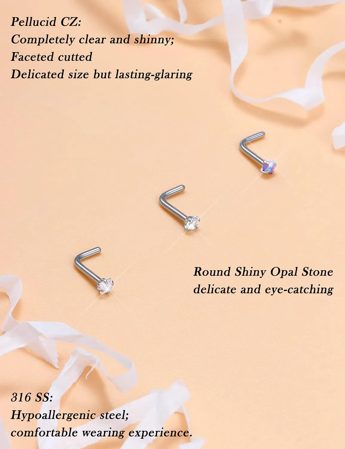 Opal Nose Rings Studs 20G 18G Surgical Steel Nose Stud Nose Piercing Jewelry Top CZ 1.5mm 2mm 2.5mm 3mm Straight L Screw Nose Ring Stud Heart Nostril Piercing Jewelry for Women Men