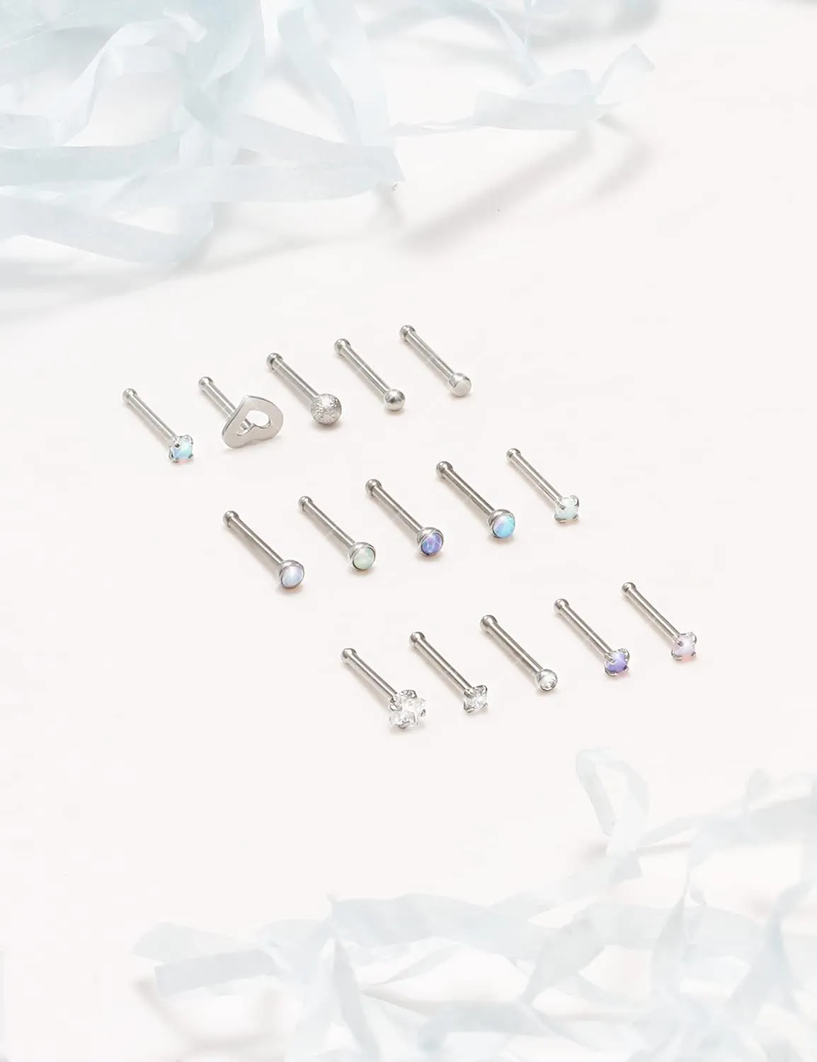 Opal Nose Rings Studs 20G 18G Surgical Steel Nose Stud Nose Piercing Jewelry Top CZ 1.5mm 2mm 2.5mm 3mm Straight L Screw Nose Ring Stud Heart Nostril Piercing Jewelry for Women Men