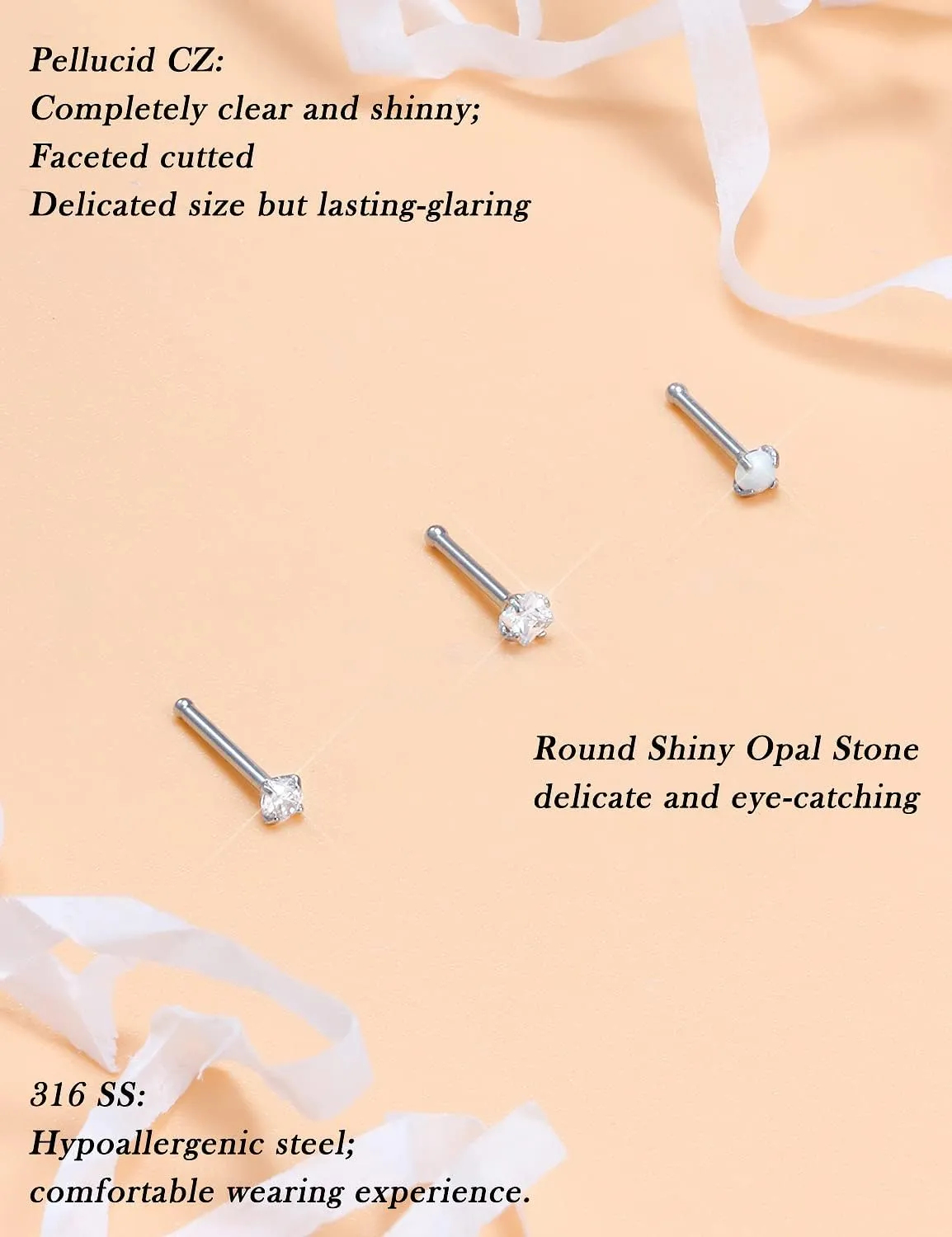 Opal Nose Rings Studs 20G 18G Surgical Steel Nose Stud Nose Piercing Jewelry Top CZ 1.5mm 2mm 2.5mm 3mm Straight L Screw Nose Ring Stud Heart Nostril Piercing Jewelry for Women Men