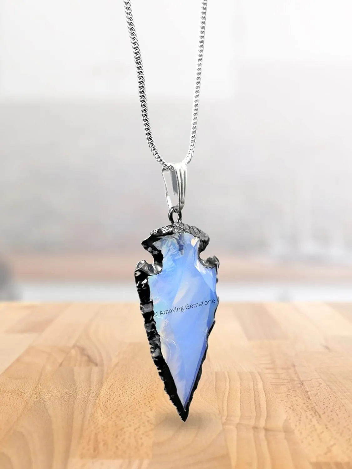 Opalite Arrowhead Necklace for Men Women - Men's Necklaces Arrow Heads Healing Crystal Necklace - Gifts for Men, Teen Boys - Stocking Stuffers for Men (Rhodium Edged)