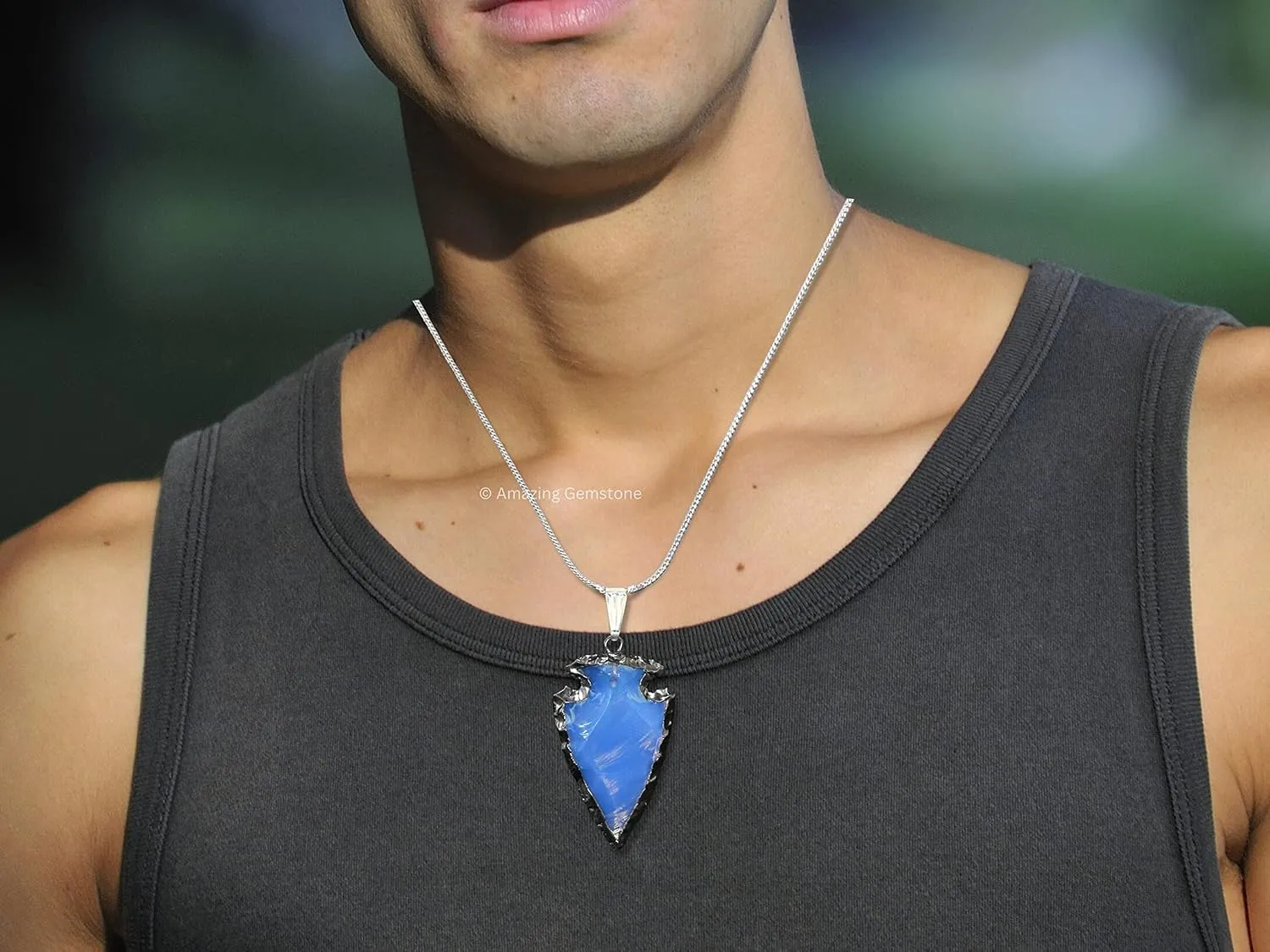 Opalite Arrowhead Necklace for Men Women - Men's Necklaces Arrow Heads Healing Crystal Necklace - Gifts for Men, Teen Boys - Stocking Stuffers for Men (Rhodium Edged)