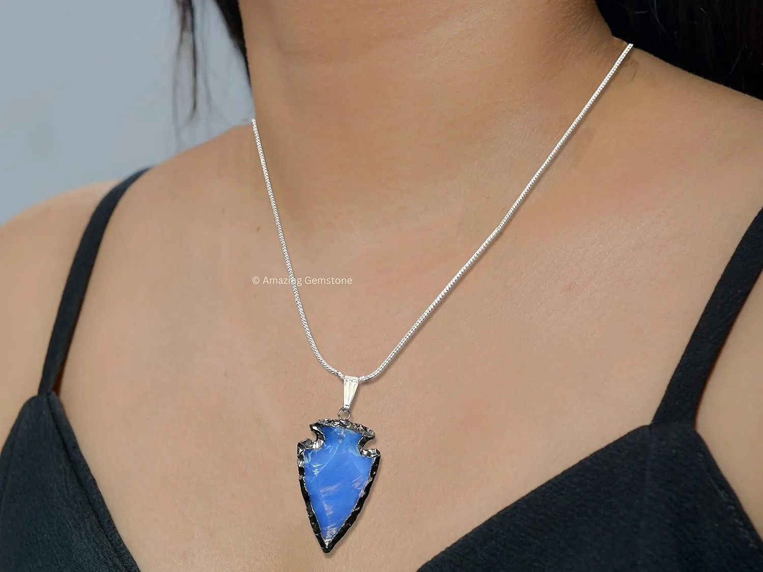Opalite Arrowhead Necklace for Men Women - Men's Necklaces Arrow Heads Healing Crystal Necklace - Gifts for Men, Teen Boys - Stocking Stuffers for Men (Rhodium Edged)