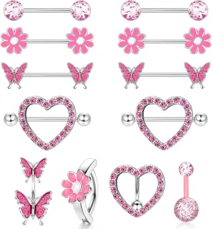 ORAZIO 14G Nipple Rings for Women Surgical Steel Belly Button Ring Butterfly Daisy Flower Nipple Barbells CZ Heart Curved Navel Rings 12 PCS Nipple Piercings Jewelry Set