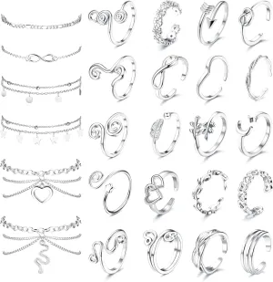 ORAZIO Toe Rings and Ankle Bracelets for Women Silver Rose Gold Plated Anklet Toe Rings Cute Layered Anklets Open Tail Rings Adjustable Beach Foot Jewelry for Summer