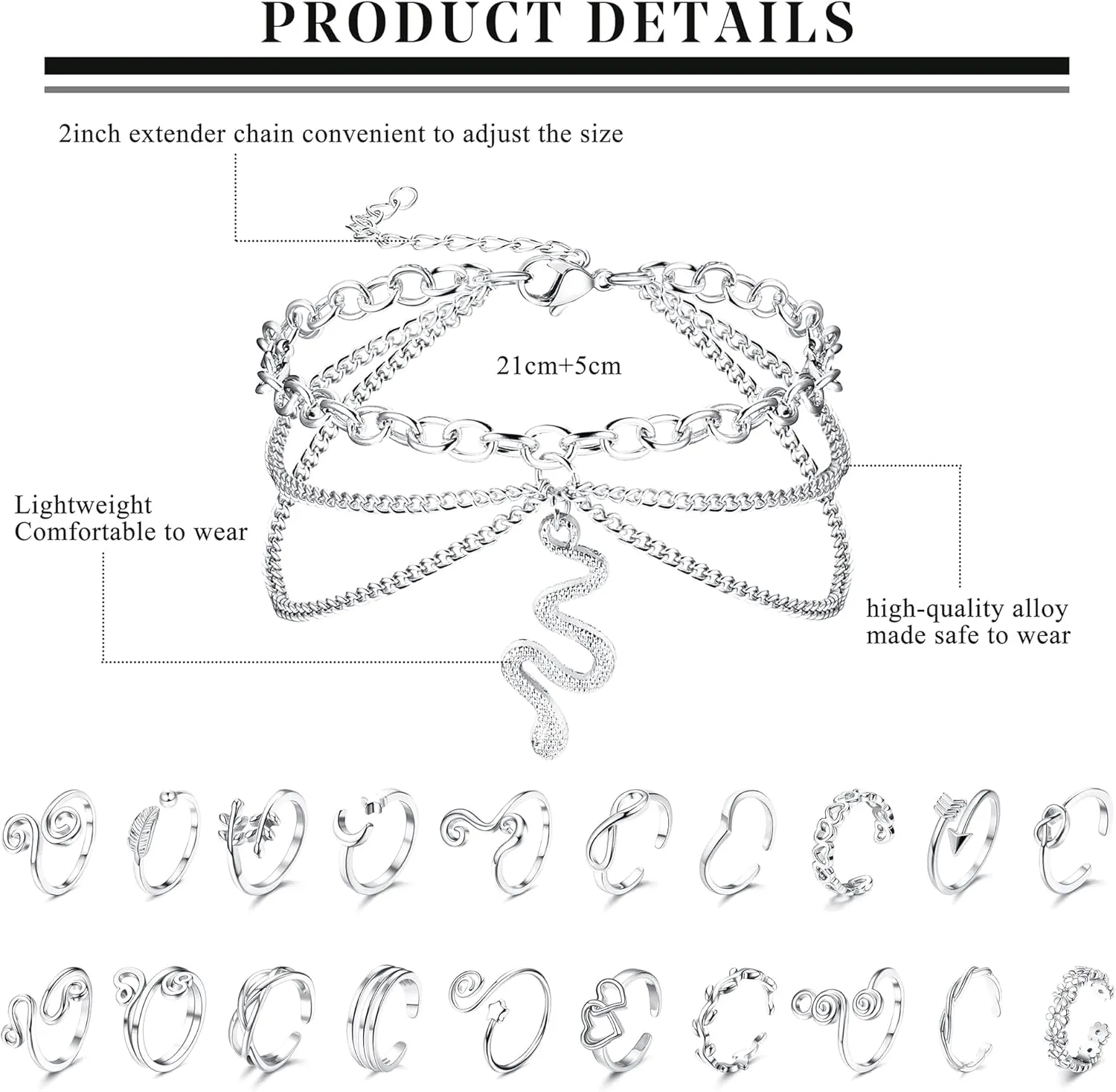 ORAZIO Toe Rings and Ankle Bracelets for Women Silver Rose Gold Plated Anklet Toe Rings Cute Layered Anklets Open Tail Rings Adjustable Beach Foot Jewelry for Summer