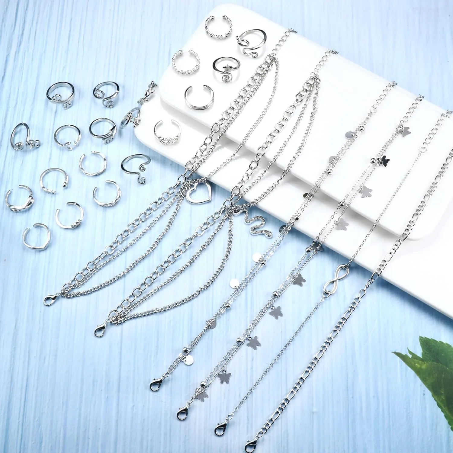 ORAZIO Toe Rings and Ankle Bracelets for Women Silver Rose Gold Plated Anklet Toe Rings Cute Layered Anklets Open Tail Rings Adjustable Beach Foot Jewelry for Summer