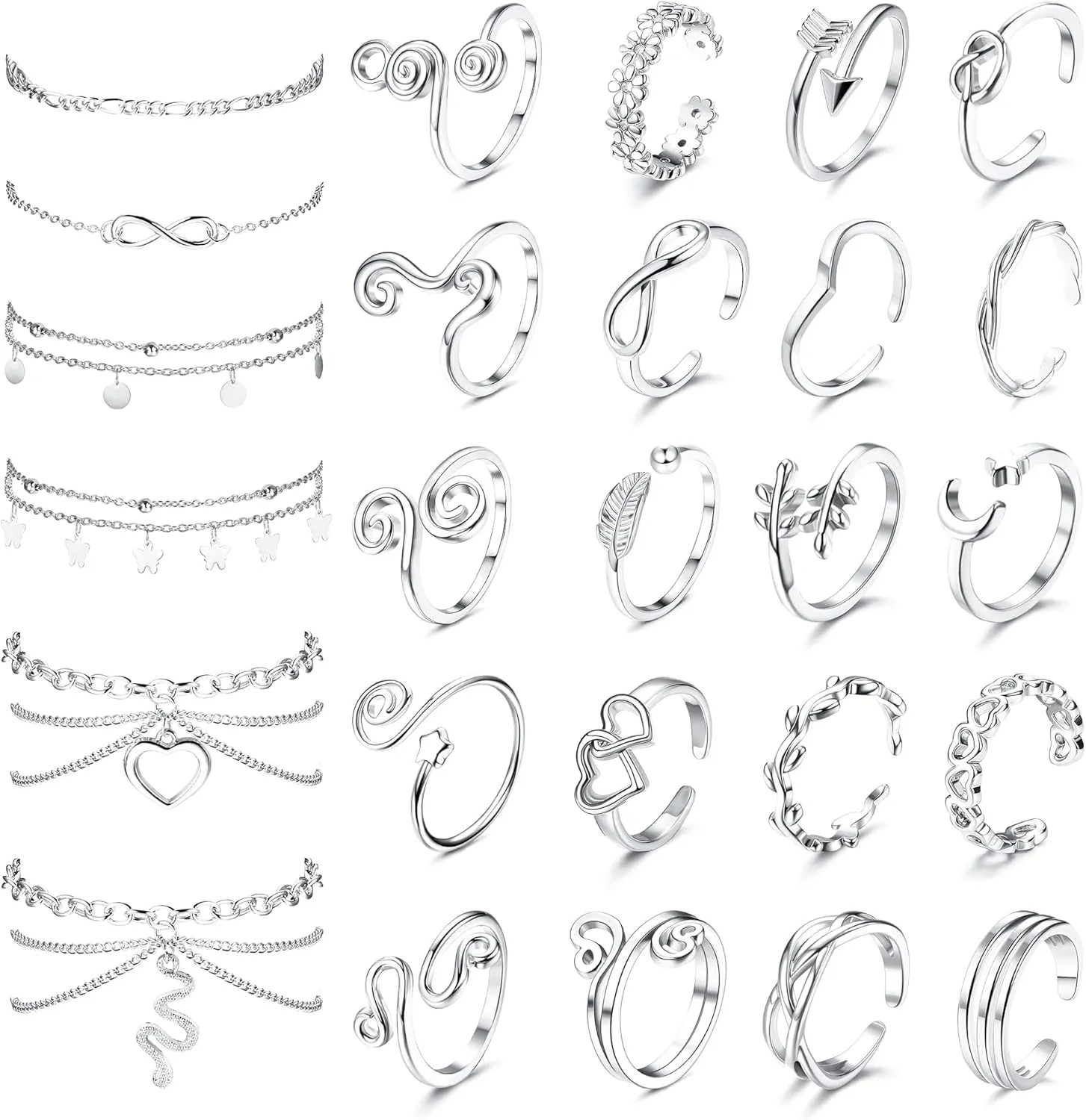 ORAZIO Toe Rings and Ankle Bracelets for Women Silver Rose Gold Plated Anklet Toe Rings Cute Layered Anklets Open Tail Rings Adjustable Beach Foot Jewelry for Summer