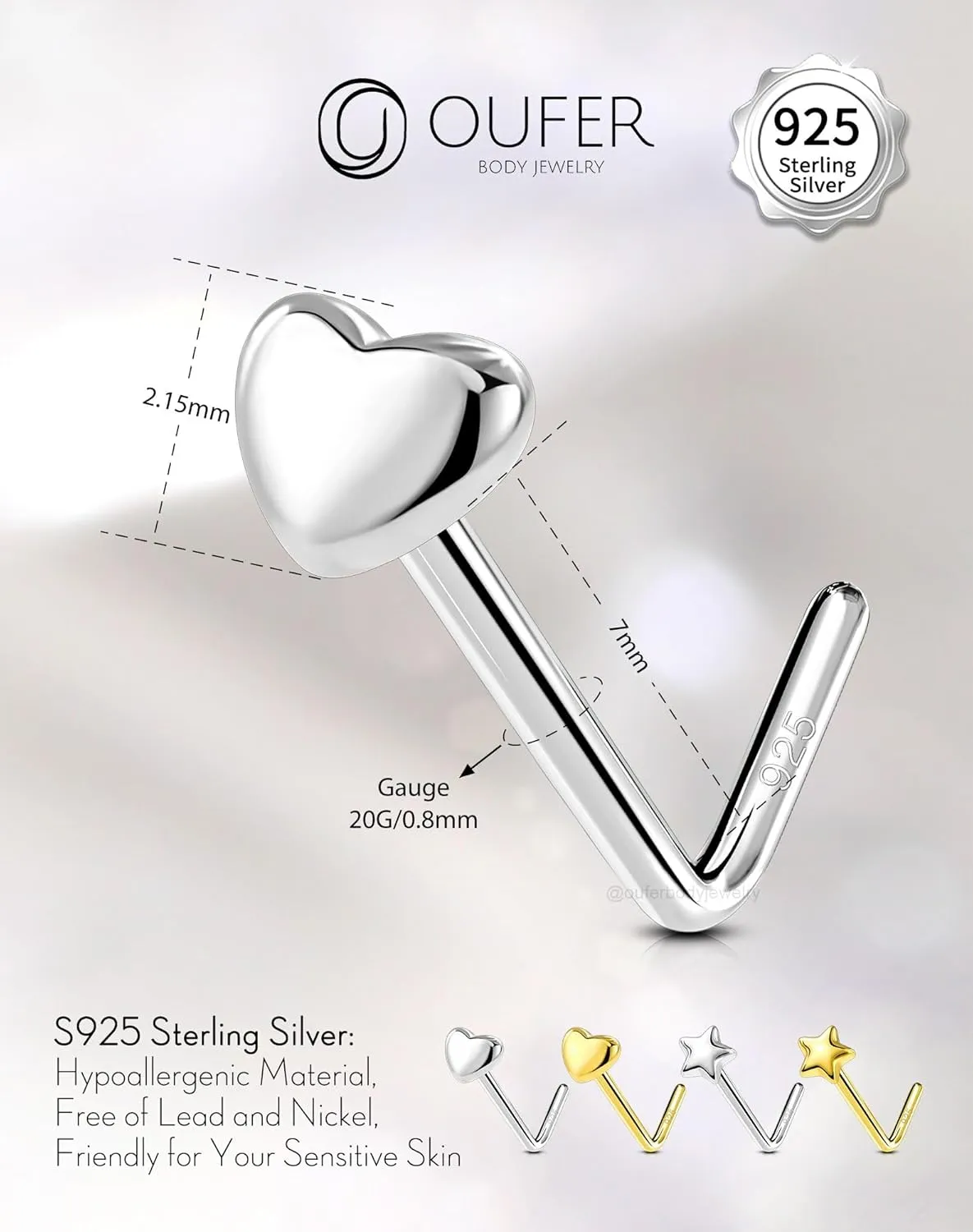 OUFER 925 Sterling Silver Nose Studs, Heart Nose Rings, L Shaped 20G Nose Rings Studs, Cute Nostril Nose Piercing Jewelry for Women Men