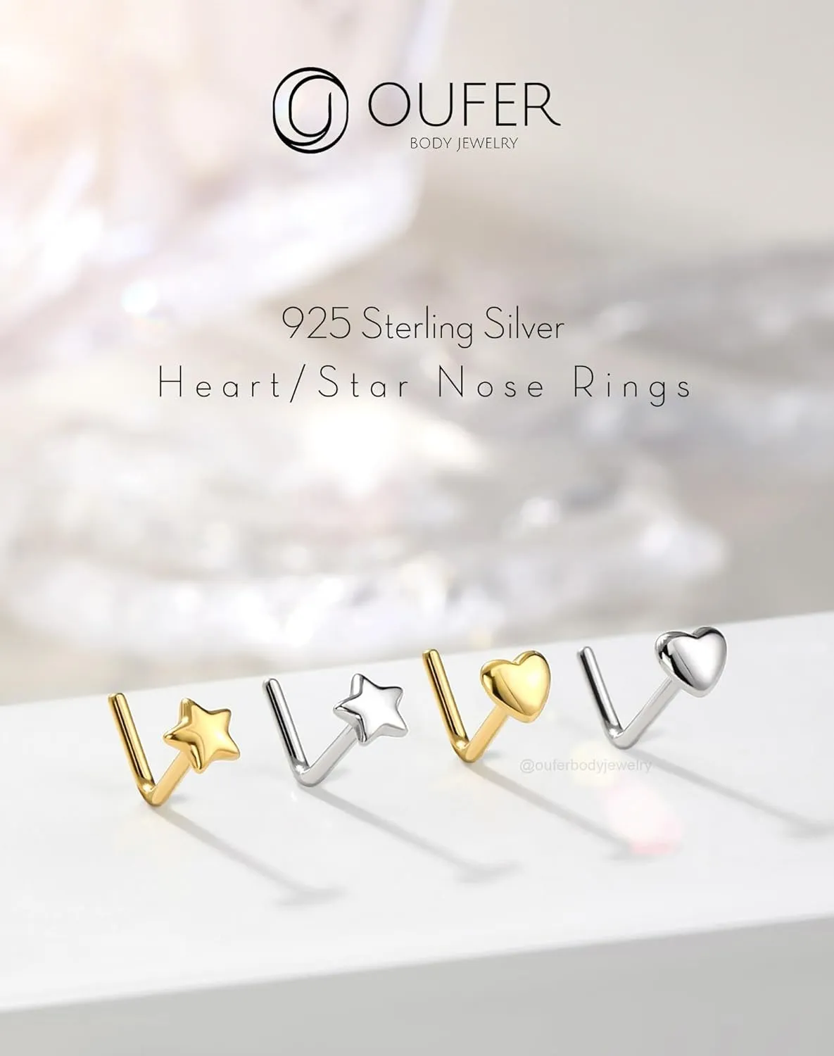 OUFER 925 Sterling Silver Nose Studs, Heart Nose Rings, L Shaped 20G Nose Rings Studs, Cute Nostril Nose Piercing Jewelry for Women Men