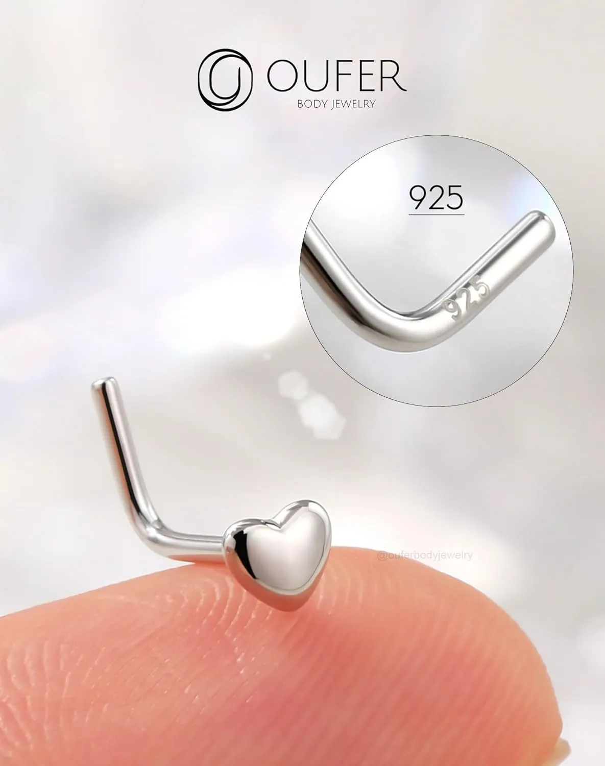 OUFER 925 Sterling Silver Nose Studs, Heart Nose Rings, L Shaped 20G Nose Rings Studs, Cute Nostril Nose Piercing Jewelry for Women Men