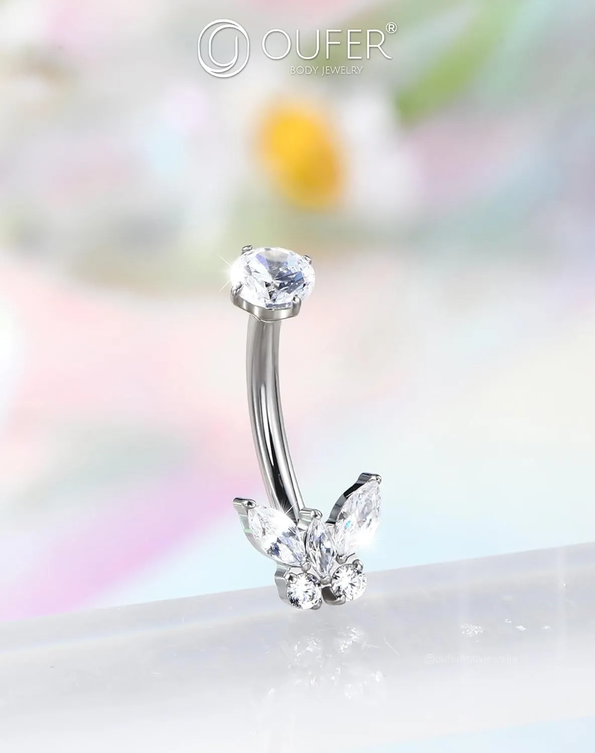 OUFER Titanium Butterfly Belly Button Rings, 14G Belly Rings For Women, Cubic Zircon Navel Piercing Jewelry, Internal Thread Curved Barbells