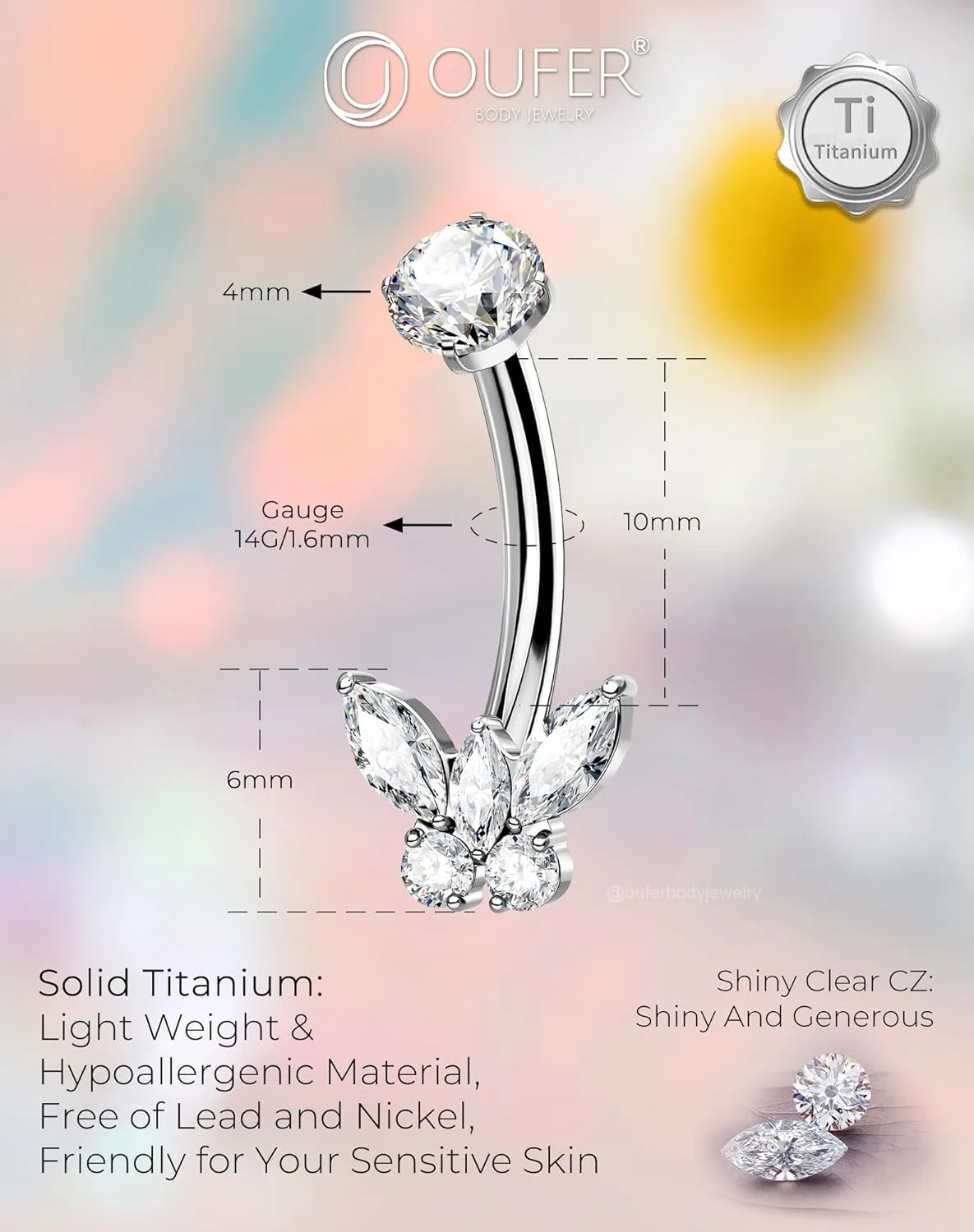 OUFER Titanium Butterfly Belly Button Rings, 14G Belly Rings For Women, Cubic Zircon Navel Piercing Jewelry, Internal Thread Curved Barbells