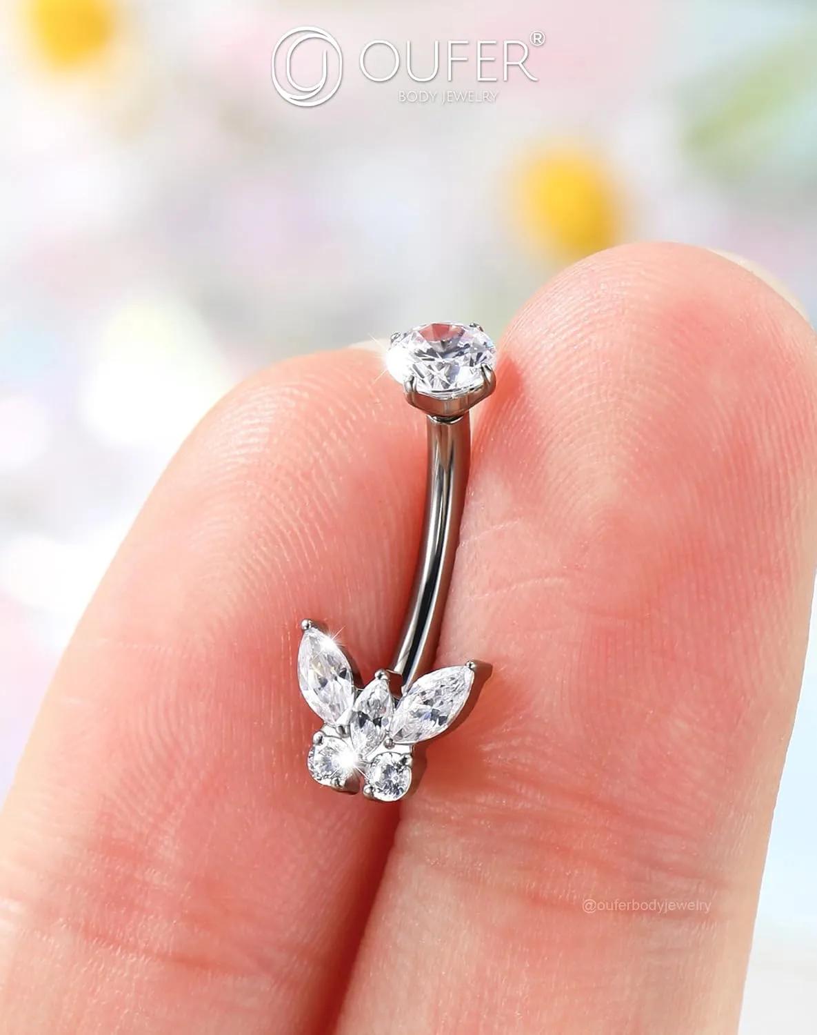 OUFER Titanium Butterfly Belly Button Rings, 14G Belly Rings For Women, Cubic Zircon Navel Piercing Jewelry, Internal Thread Curved Barbells