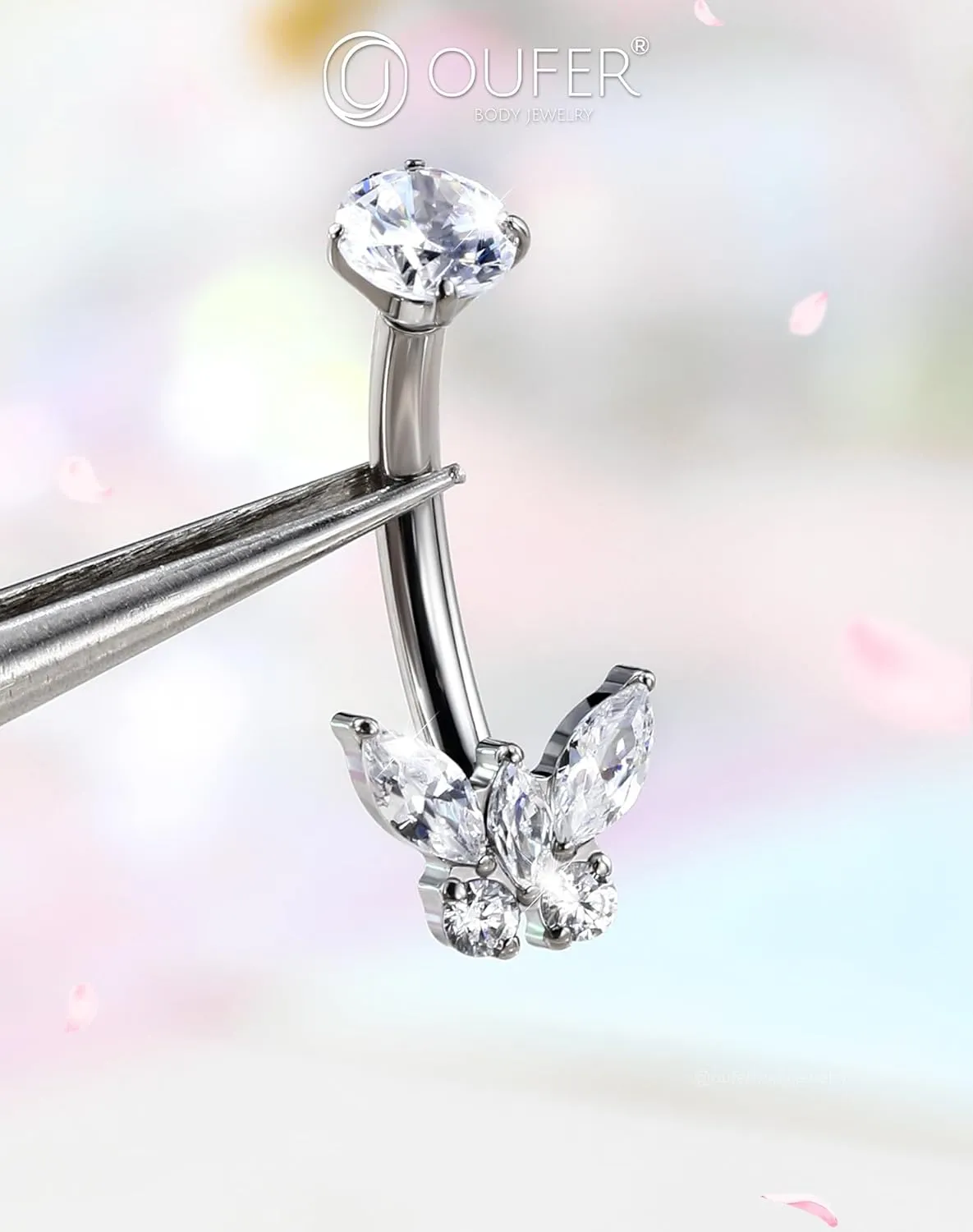 OUFER Titanium Butterfly Belly Button Rings, 14G Belly Rings For Women, Cubic Zircon Navel Piercing Jewelry, Internal Thread Curved Barbells