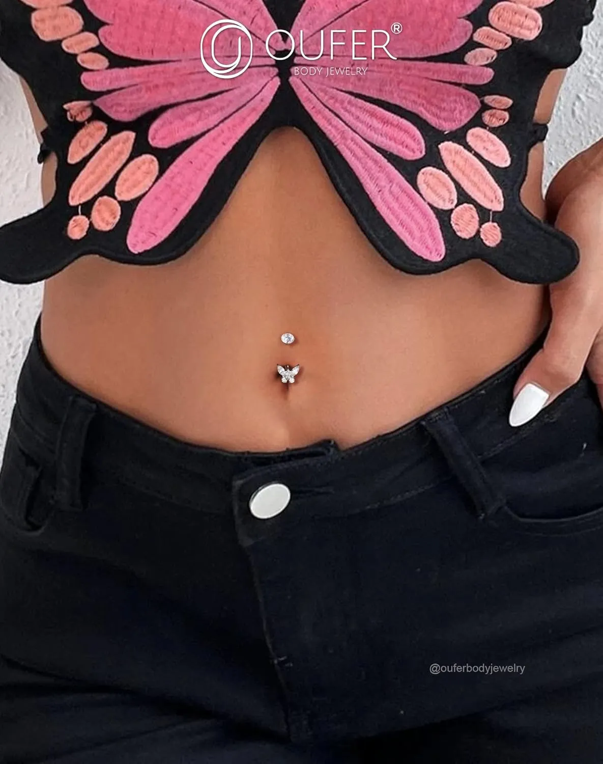 OUFER Titanium Butterfly Belly Button Rings, 14G Belly Rings For Women, Cubic Zircon Navel Piercing Jewelry, Internal Thread Curved Barbells