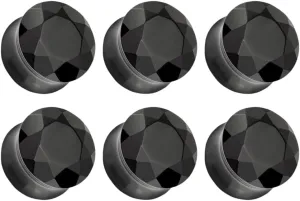 Pair (2PCS) BLACK AGATE STONE PLUGS Double Flare Faceted Organic Gauges Ear Tunnels 9277