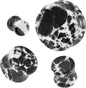 Pair (2PCS) BLACK IMPERIAL TURQUOISE STONE PLUGS Double Flare Organic Gauges Ear Tunnels 9281, Black, WHITE