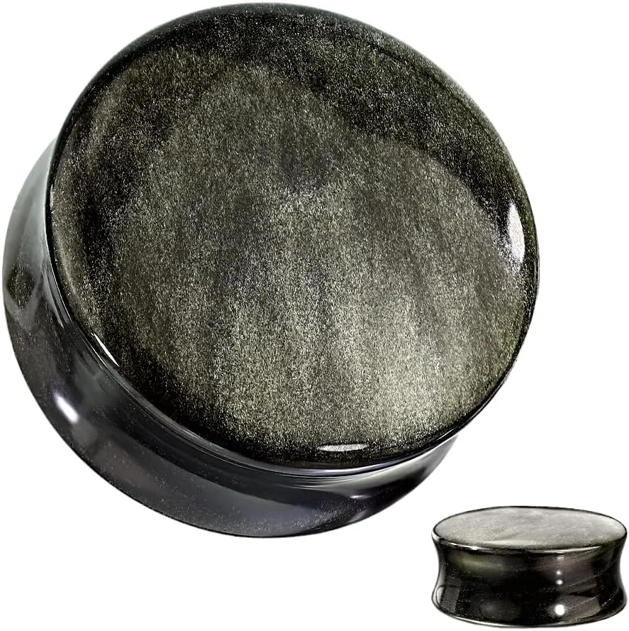 Pair (2PCS) GOLDEN OBSIDIAN STONE CONVEX PLUGS Double Flare Organic Gauges Ear Tunnels 9286, Black