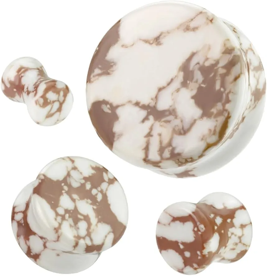 Pair (2PCS) WHITE & BROWN HOWLITE STONE PLUGS Double Flare Organic Gauges Ear Tunnels 9311