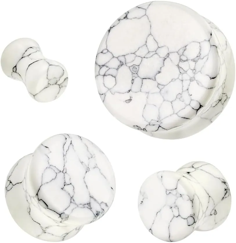 Pair (2PCS) WHITE HOWLITE STONE PLUGS Double Flare Gauges Organic Ear Tunnels 9198