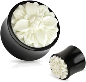 Pair of Black Organic Buffalo Horn Plugs Gauges Ear White Flower 0g 00g 1/2 9/16 5/8 3/4 7/8 1 inch