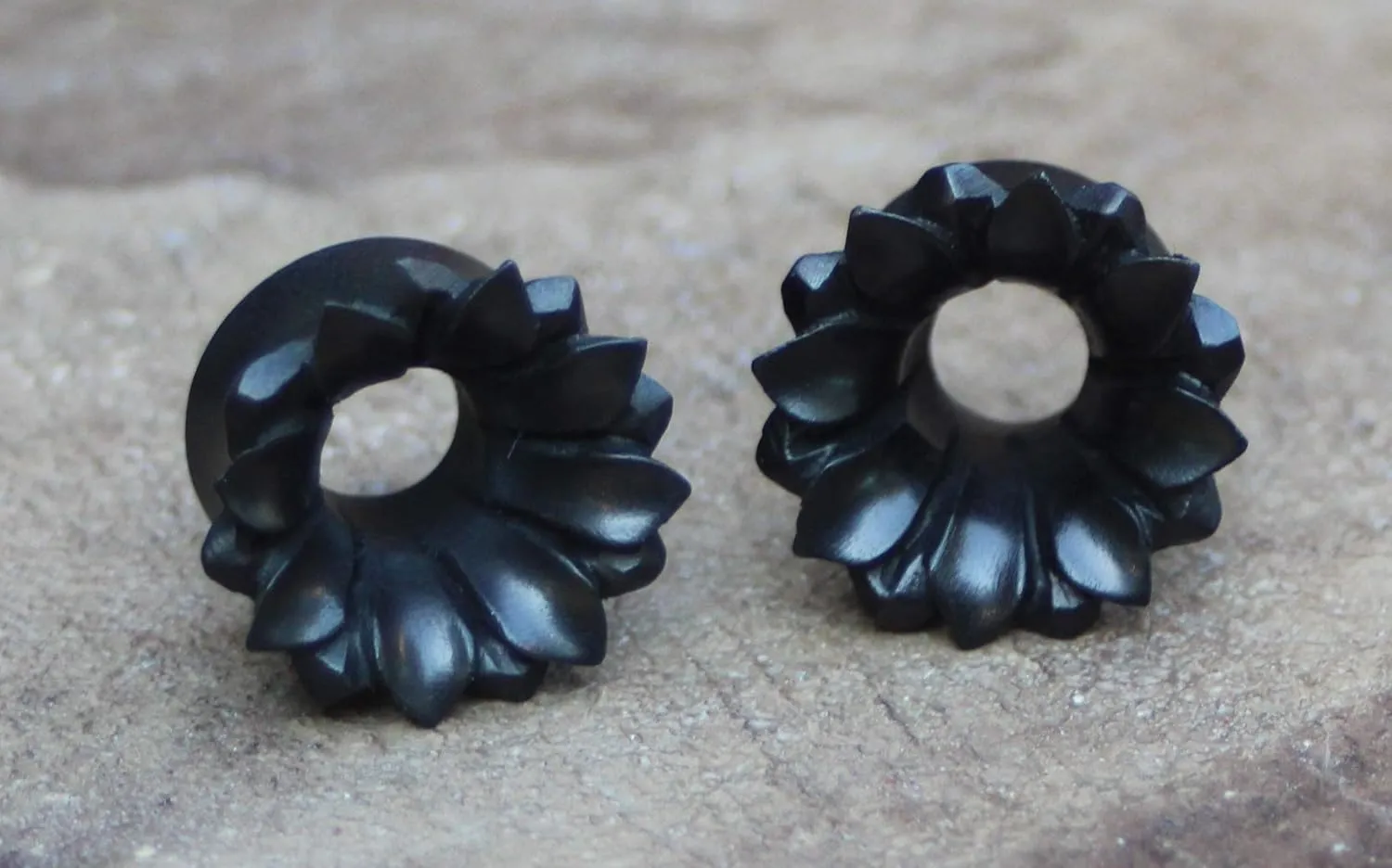 PAIR of Organic Black Wood Hand Carved Lotus Flower Ear Plugs Gauges 2g 0g 00g 7/16 1/2 9/16 5/8 3/4 7/8 1 inch