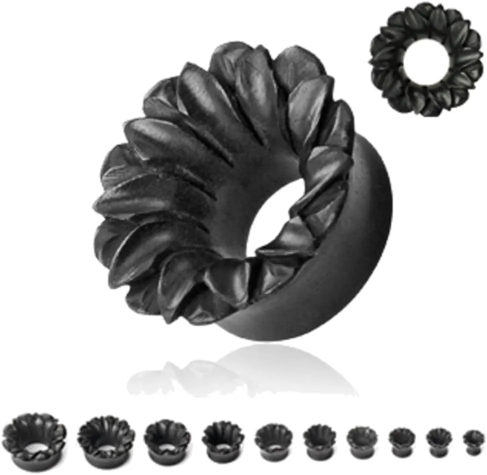 PAIR of Organic Black Wood Hand Carved Lotus Flower Ear Plugs Gauges 2g 0g 00g 7/16 1/2 9/16 5/8 3/4 7/8 1 inch