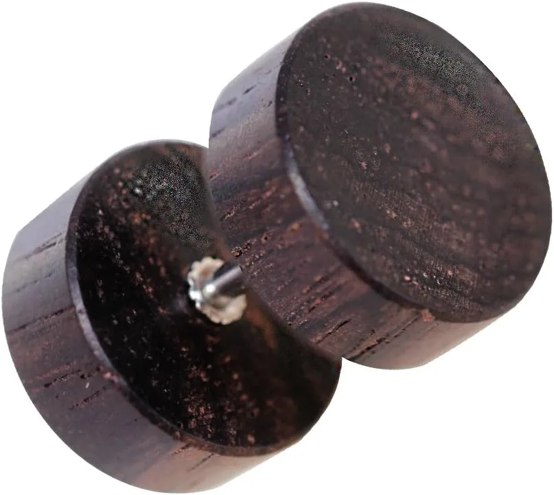 Pair of Organic Dark Brown Wood Fake Ear Plugs
