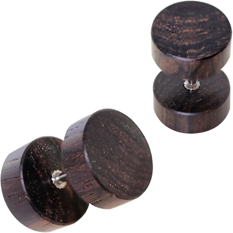 Pair of Organic Dark Brown Wood Fake Ear Plugs