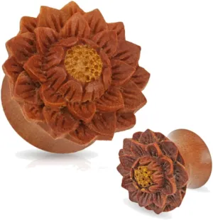 Pair of Organic Jackfruit Lotus Flower Wood Hand Carved Ear Plugs Gauges 0g 00g 1/2 9/16 5/8 3/4 7/8 1 inch