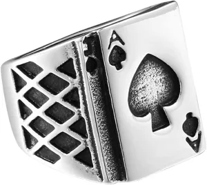 PAMTIER Men's Stainless Steel Poker Card Ace of Spades Ring Signet Style Vintage Silver Black