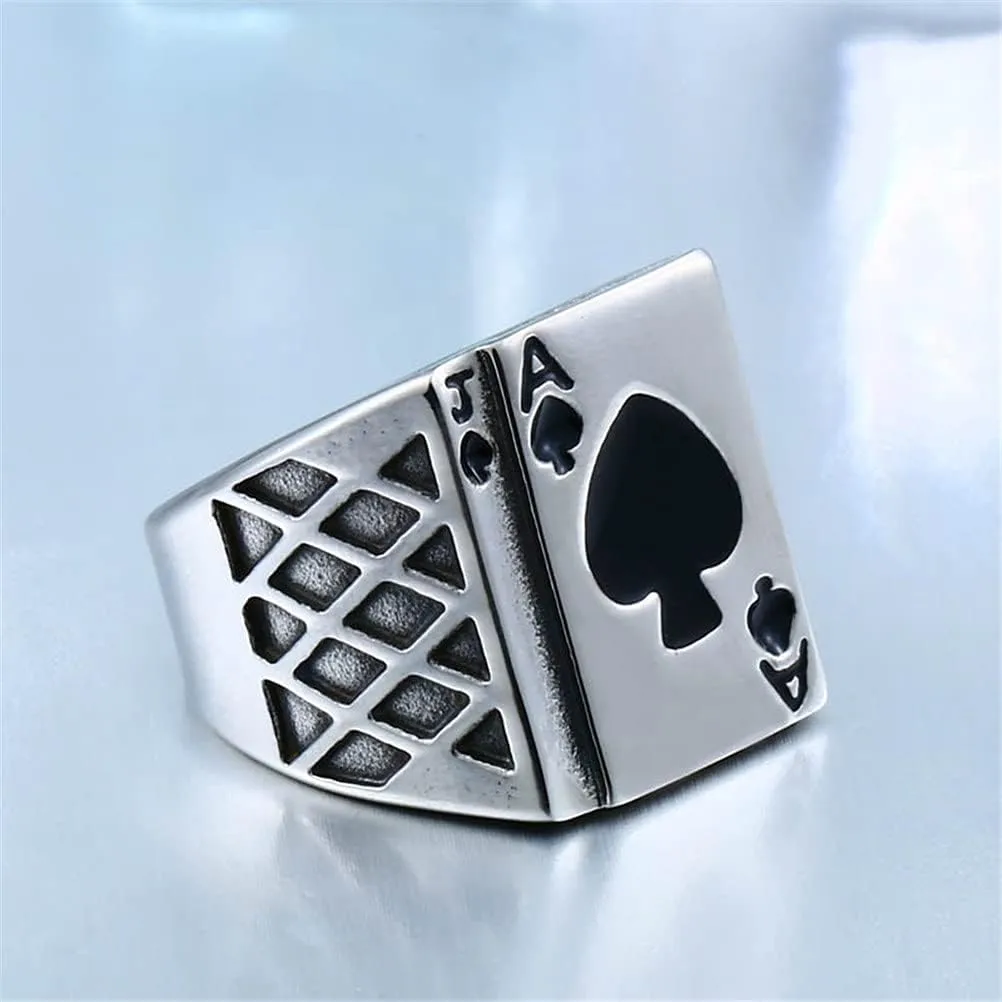 PAMTIER Men's Stainless Steel Poker Card Ace of Spades Ring Signet Style Vintage Silver Black