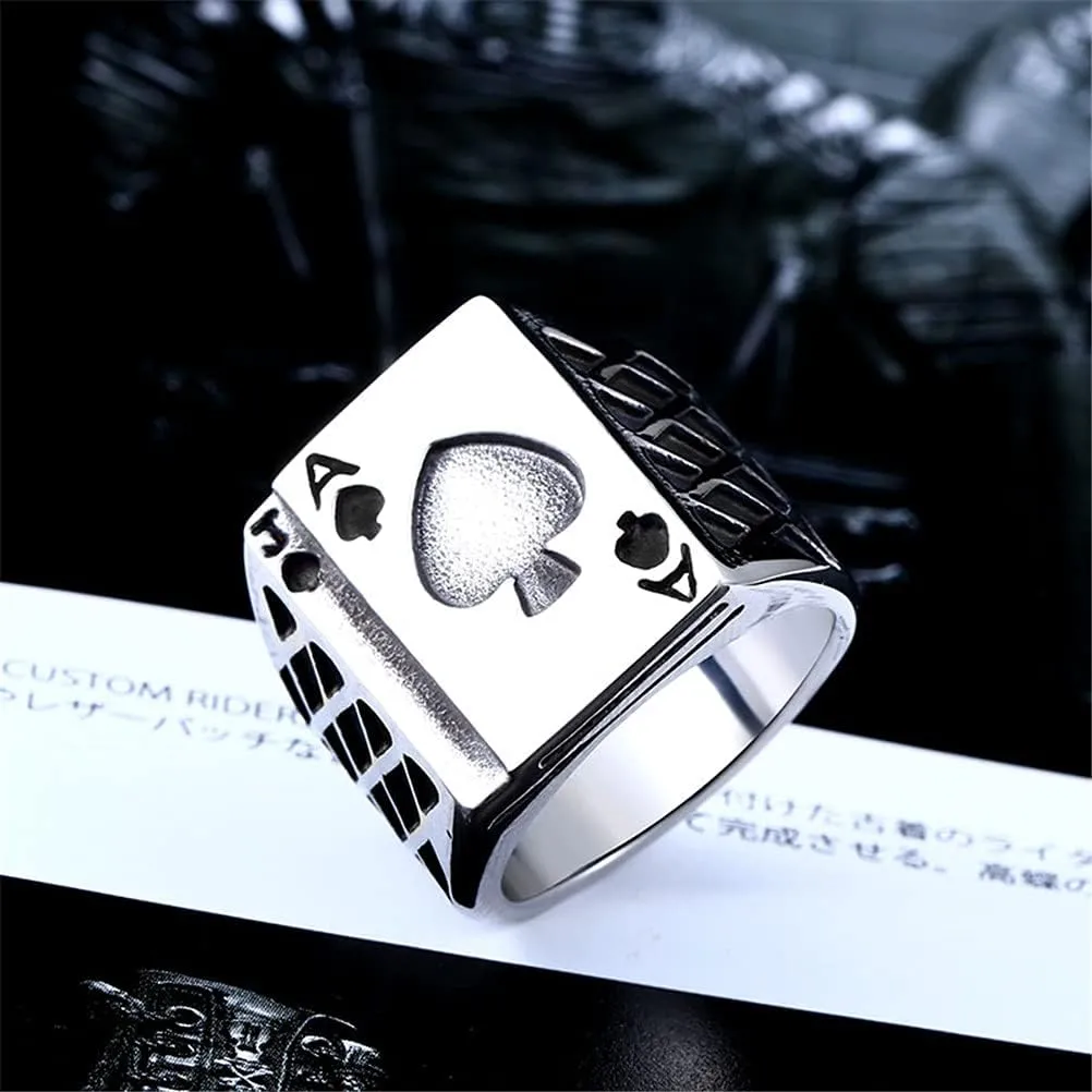 PAMTIER Men's Stainless Steel Poker Card Ace of Spades Ring Signet Style Vintage Silver Black