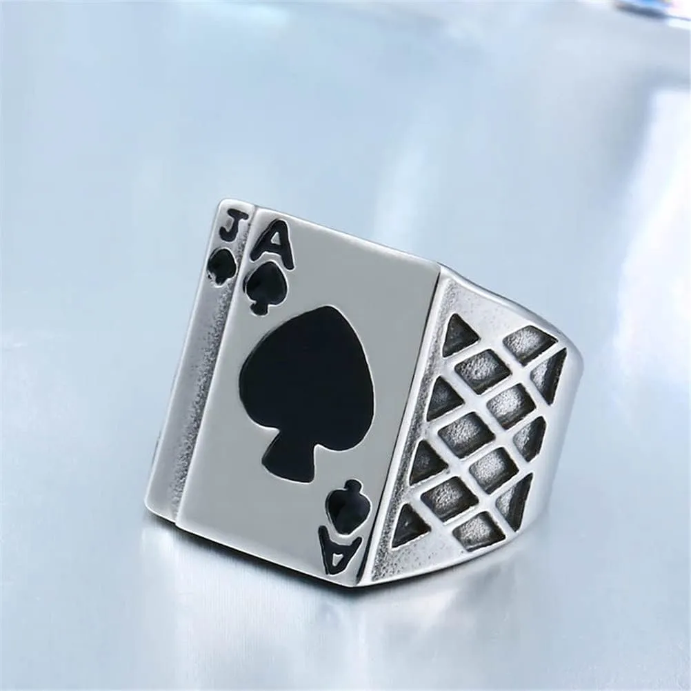 PAMTIER Men's Stainless Steel Poker Card Ace of Spades Ring Signet Style Vintage Silver Black