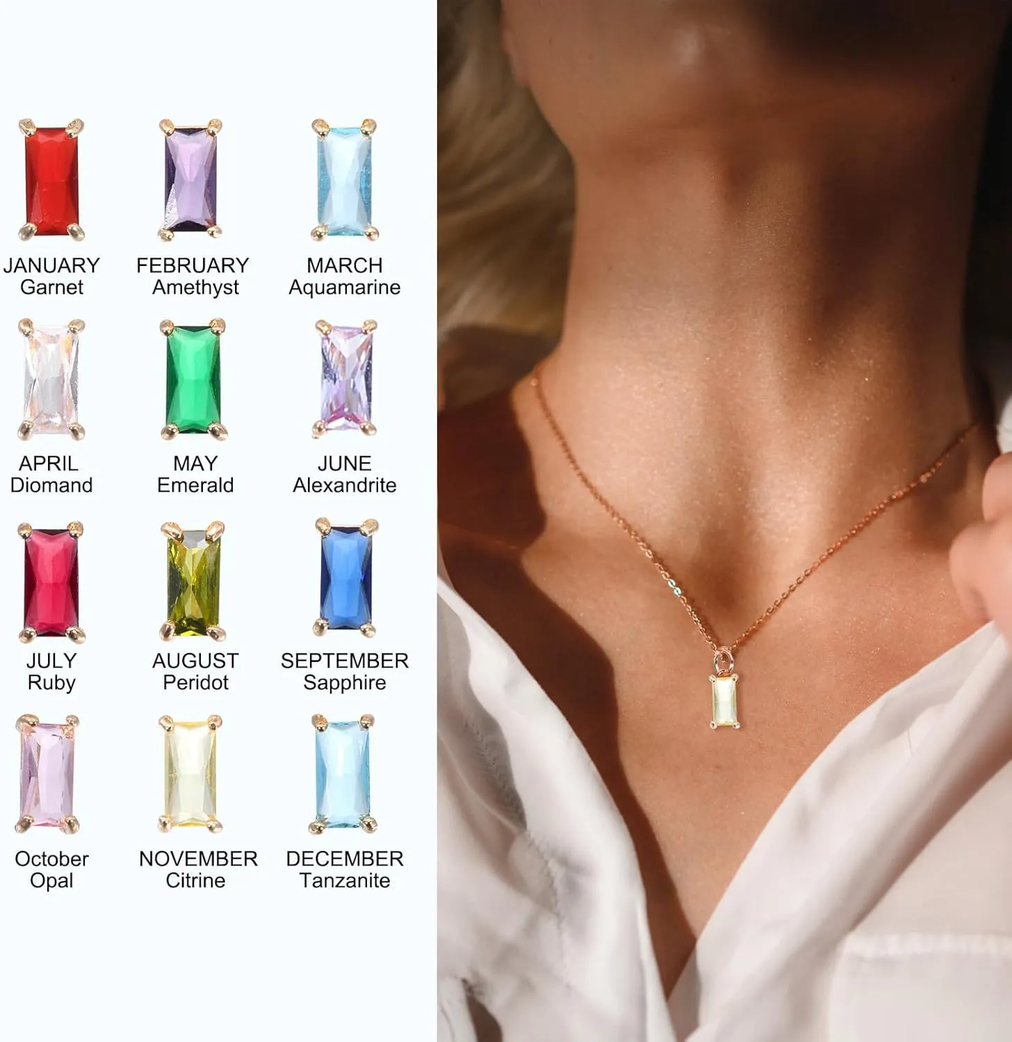 PATIKIL Birthstone Necklace for Women, Rectangle Cubic Zirconia Pendant Necklace, Dainty 18K Gold Plated Diamond Simple Necklace