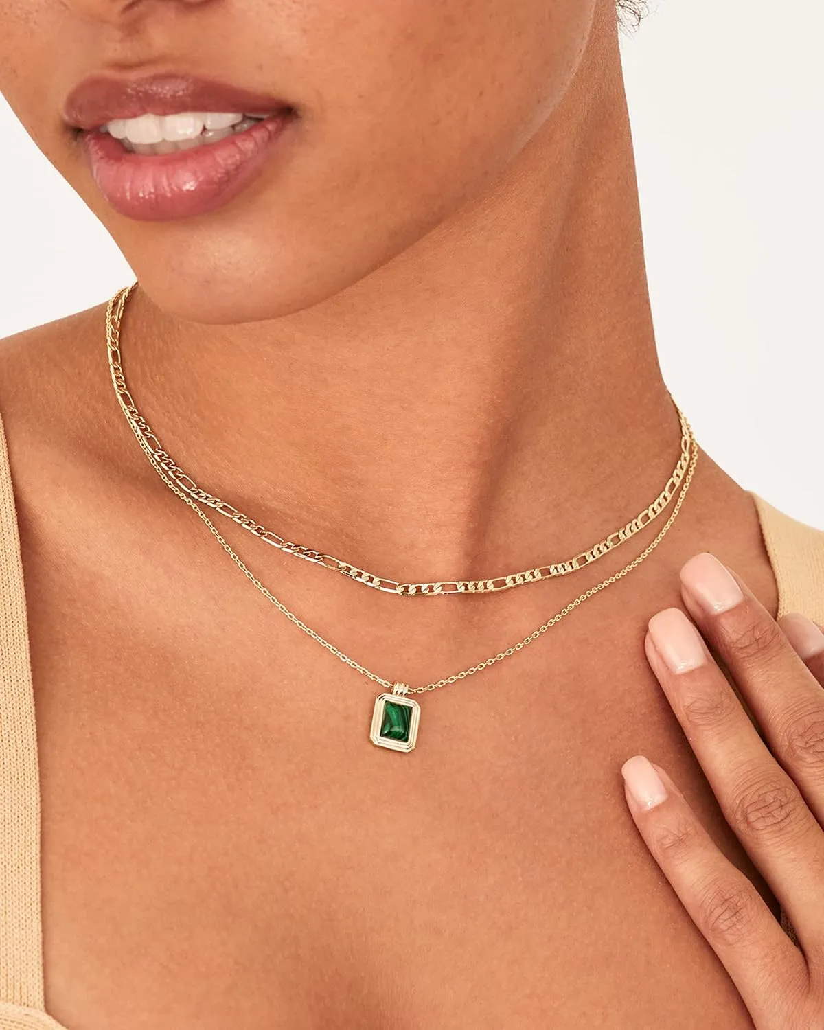 PAVOI 14K Gold Plated Layered Necklaces for Women | Gemstone Pendant Figaro Chain Necklace | Carnelian, Green Aventurine, Malachite Layering Necklace