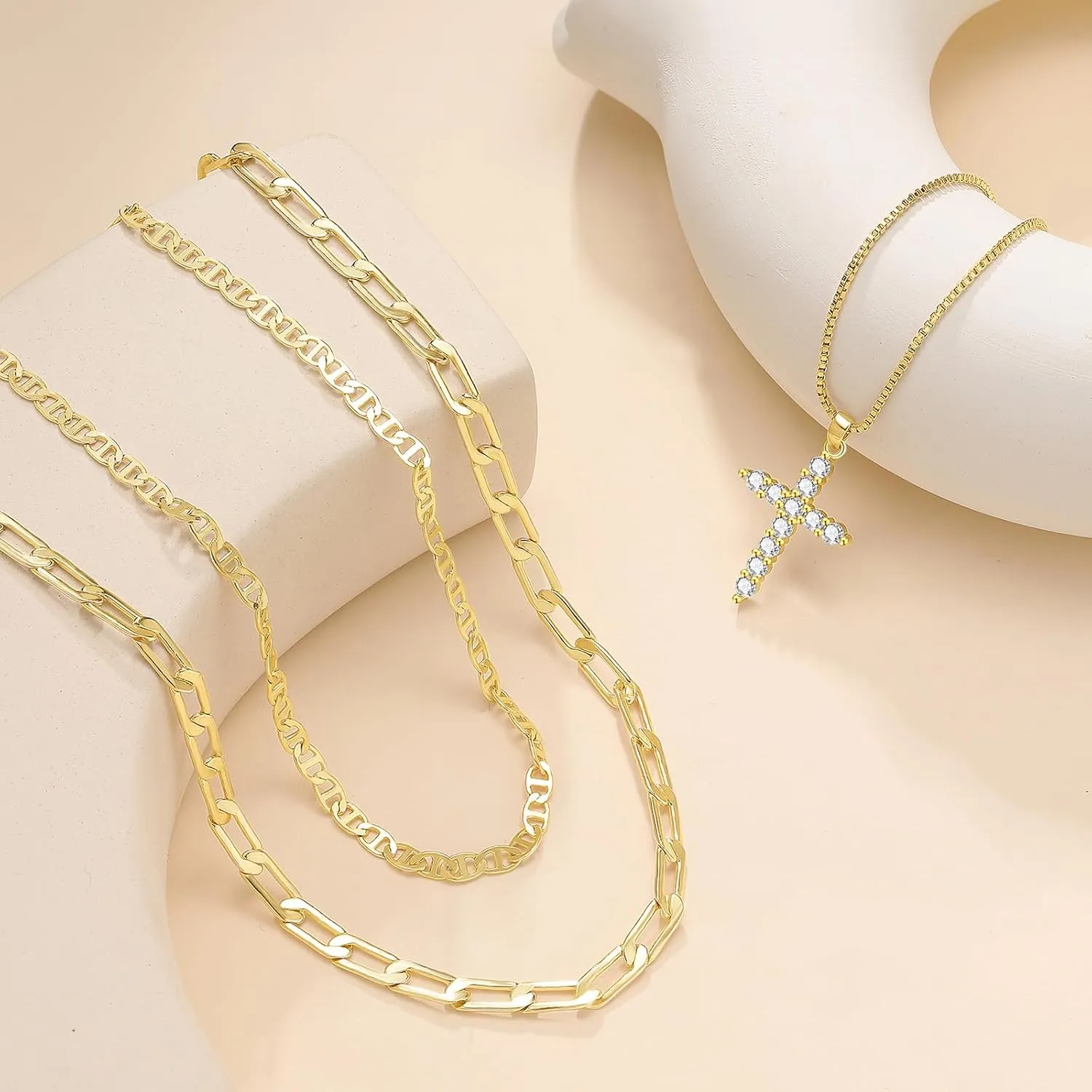 PDWZNBA Layered Gold Necklaces for Women, 14K Real Gold Plated Triple Chain Necklace, Dainty Choker Jewelry Set, Trendy Gold Jewelry Gifts