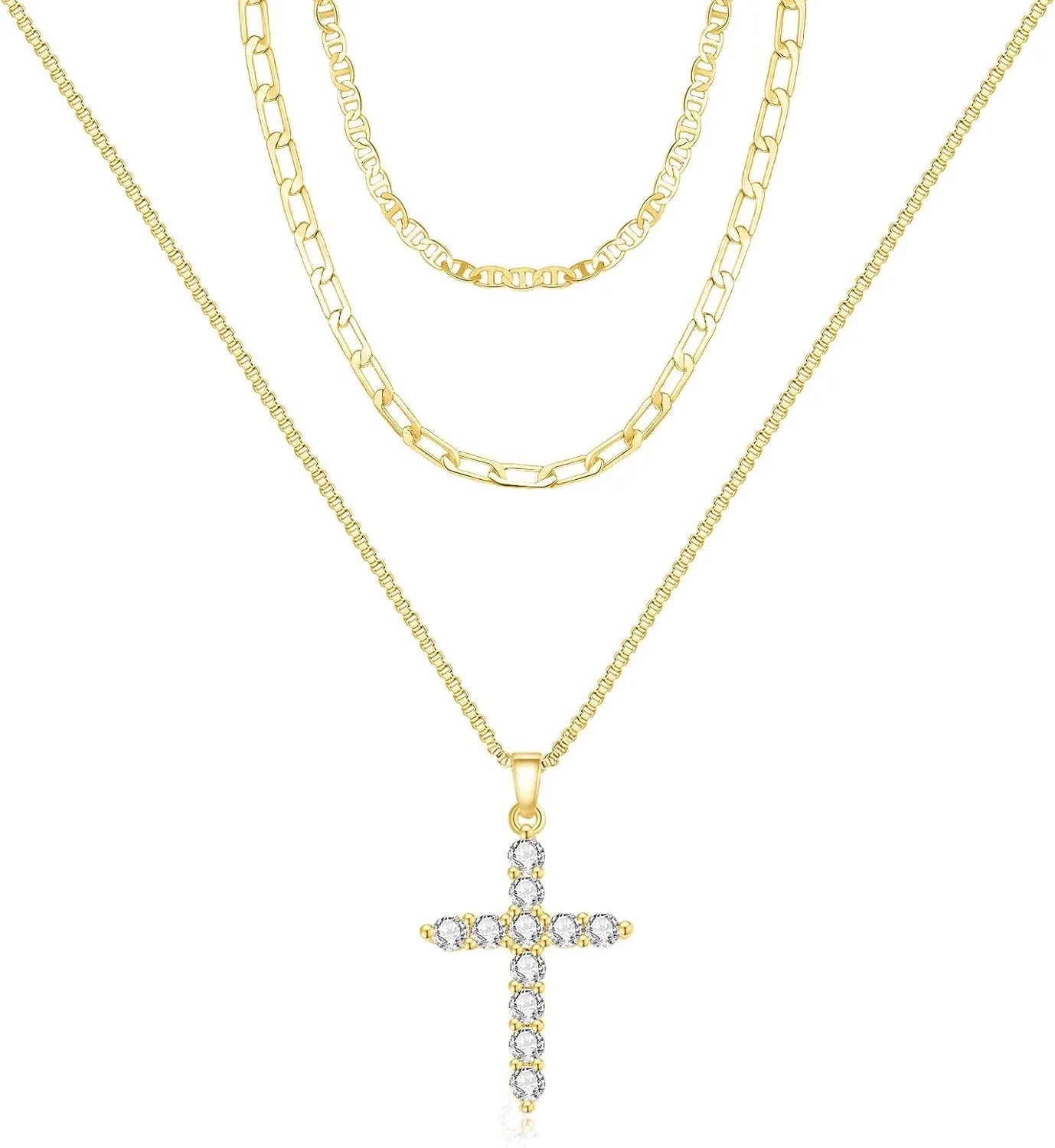 PDWZNBA Layered Gold Necklaces for Women, 14K Real Gold Plated Triple Chain Necklace, Dainty Choker Jewelry Set, Trendy Gold Jewelry Gifts