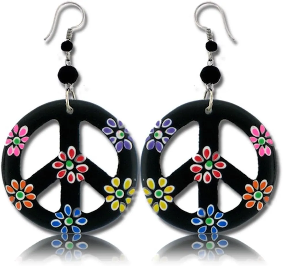 Peace Sign Dangle Earrings with Organic Wood - Earring Hippie Accessories and Hippie Costume for 60s or 70s
