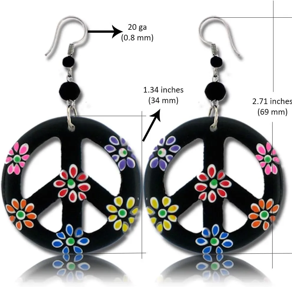 Peace Sign Dangle Earrings with Organic Wood - Earring Hippie Accessories and Hippie Costume for 60s or 70s