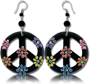 Peace Sign Dangle Earrings with Organic Wood - Earring Hippie Accessories and Hippie Costume for 60s or 70s