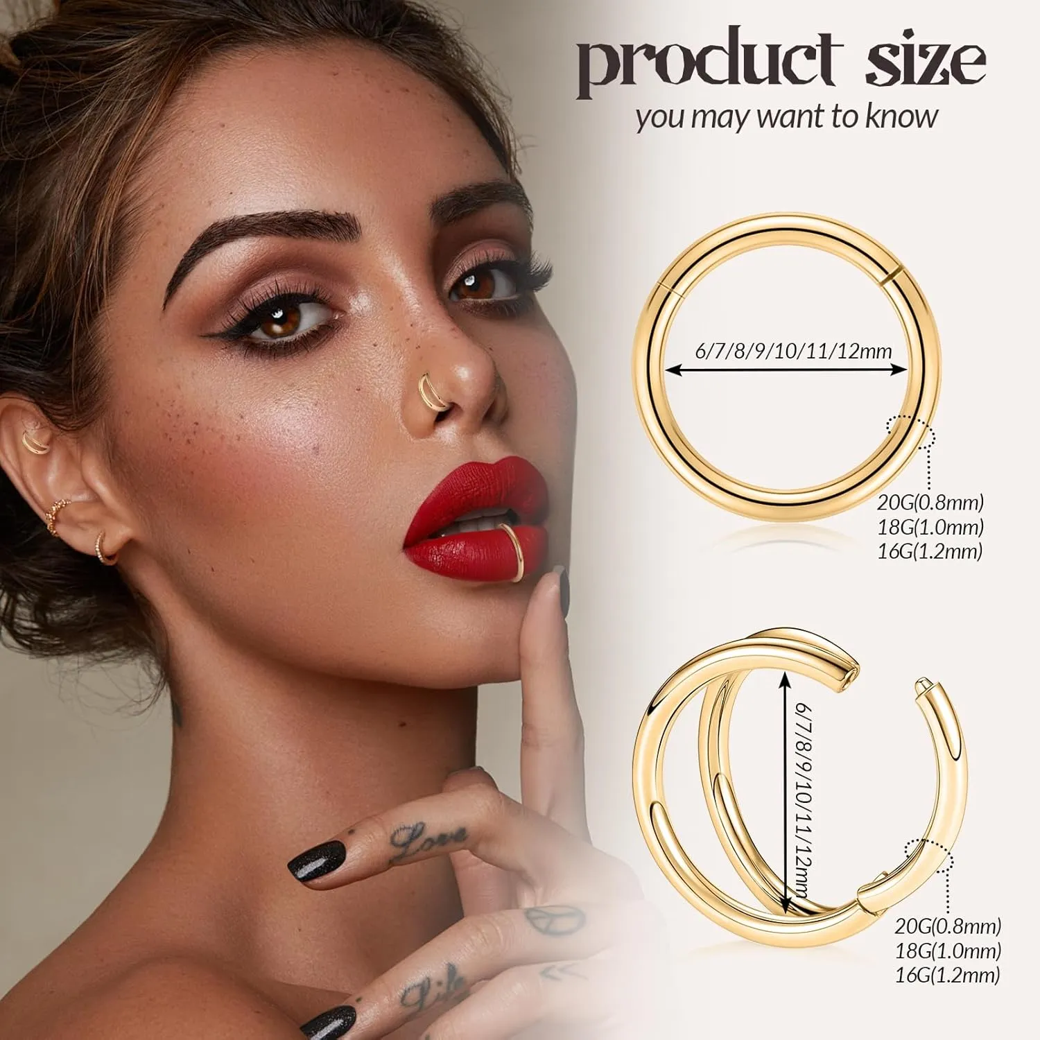 PEAKLINK G23 Titanium Double Nose Hoo Ring Septum Jewelry 20G/18G/16G Helix Daith Rook Tragus Cartilage Conch Hoop Earring Hinged Segment Piercing Jewelry for Women Men 6mm to 12mm